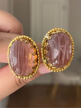 Vintage Schreiner Large Oval Pink Swirly Poured Glass Cabochon Gold Clip Earring